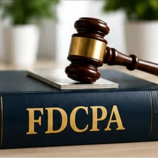 A gavel resting on a bound copy of the FDCPA