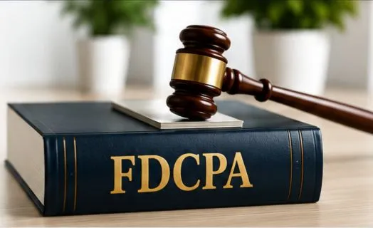 A gavel resting on a bound copy of the FDCPA