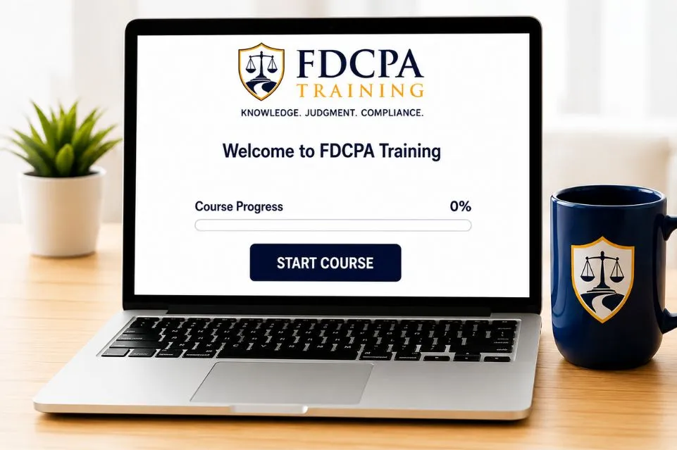 A laptop displaying the FDCPA Training course welcome screen, next to a plant and a mug on a desk