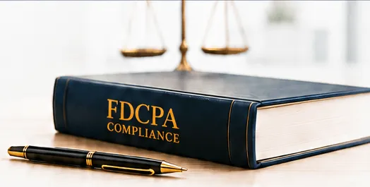 A copy of the FDCPA Compliance book beside a pen, with scales of justice in the background